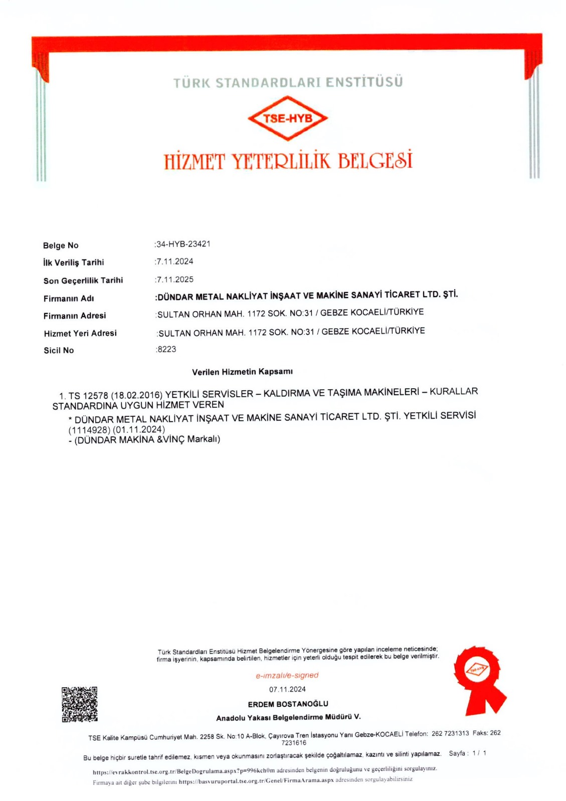 Hizmet Yeterlilik Belgesi